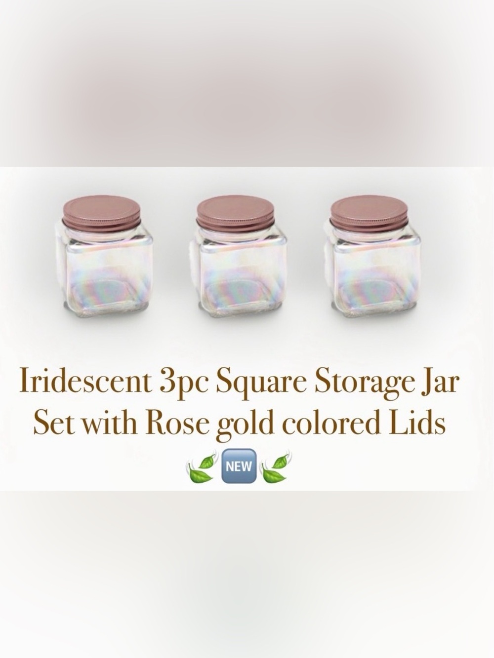 Iridescent Square Glass Jars a  Set of 3 with Rose Gold Colored Lids 🍃🆕🍃